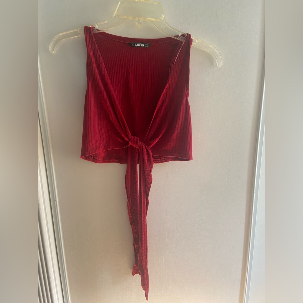 Shein Red Front cross over front tie shirt